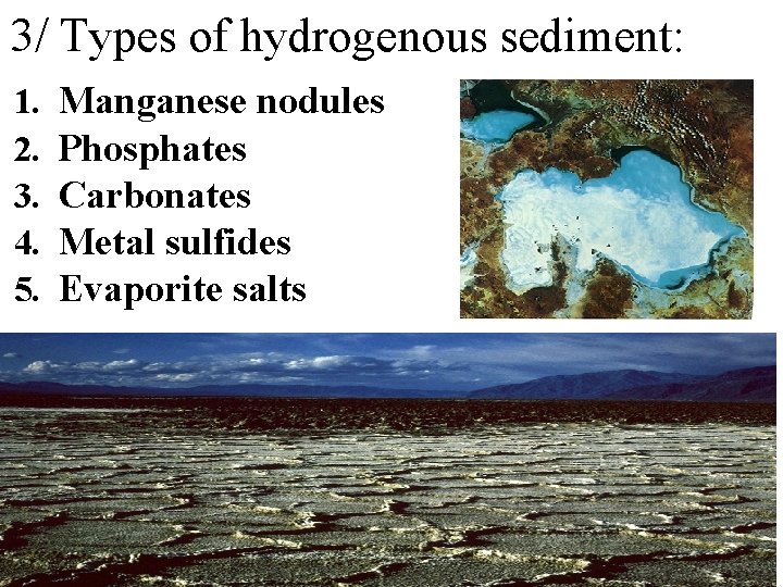 3/ Types of hydrogenous sediment: 1. 2. 3. 4. 5. Manganese nodules Phosphates Carbonates