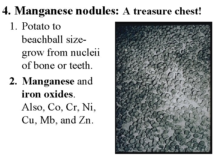 4. Manganese nodules: A treasure chest! 1. Potato to beachball sizegrow from nucleii of