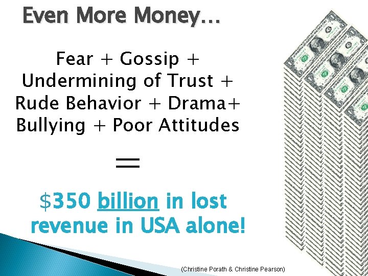 Even More Money… Fear + Gossip + Undermining of Trust + Rude Behavior + Even More Money… Fear + Gossip + Undermining of Trust + Rude Behavior +