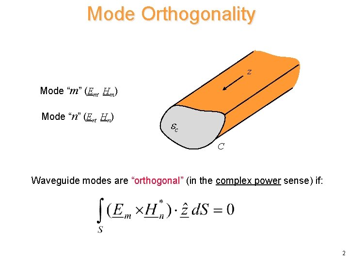 Mode Orthogonality z Mode “m” (Em, Hm) Mode “n” (En, Hn) ec C Waveguide