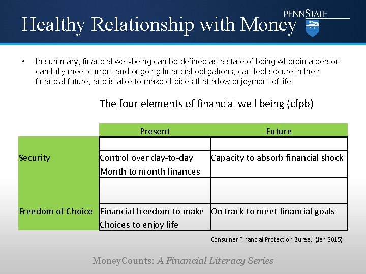 Healthy Relationship with Money • In summary, financial well-being can be defined as a