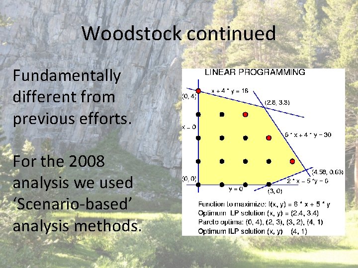 Woodstock continued Fundamentally different from previous efforts. For the 2008 analysis we used ‘Scenario-based’ Woodstock continued Fundamentally different from previous efforts. For the 2008 analysis we used ‘Scenario-based’