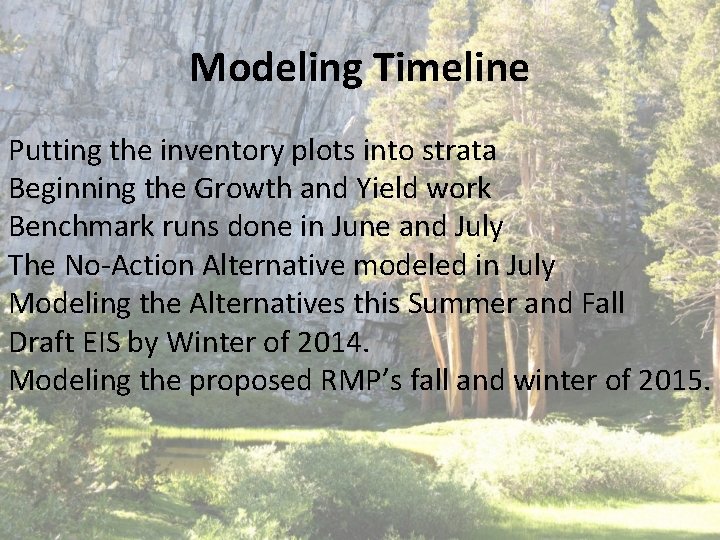 Modeling Timeline Putting the inventory plots into strata Beginning the Growth and Yield work Modeling Timeline Putting the inventory plots into strata Beginning the Growth and Yield work