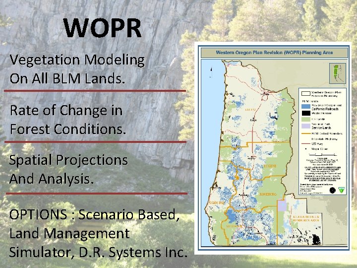 WOPR Vegetation Modeling On All BLM Lands. Rate of Change in Forest Conditions. Spatial WOPR Vegetation Modeling On All BLM Lands. Rate of Change in Forest Conditions. Spatial