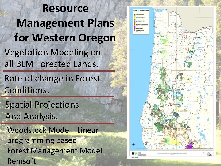 Resource Management Plans for Western Oregon Vegetation Modeling on all BLM Forested Lands. Rate Resource Management Plans for Western Oregon Vegetation Modeling on all BLM Forested Lands. Rate