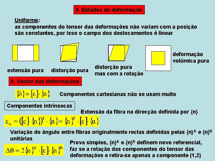 8. Estados de deformação Uniforme: as componentes do tensor das deformações não variam com