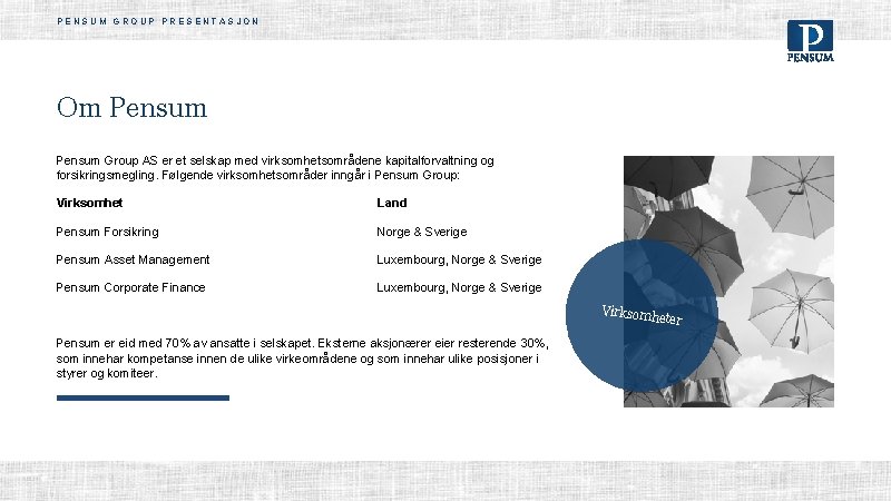 PENSUM GROUP PRESENTASJON Om Pensum Group AS er et selskap med virksomhetsområdene kapitalforvaltning og PENSUM GROUP PRESENTASJON Om Pensum Group AS er et selskap med virksomhetsområdene kapitalforvaltning og