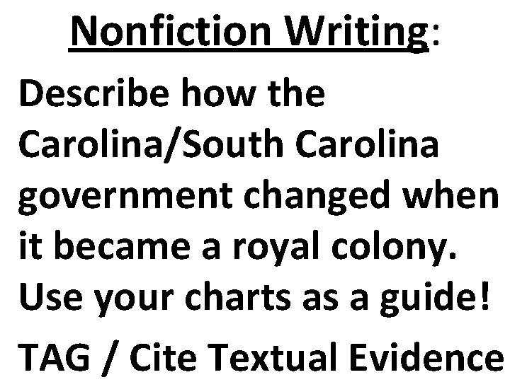 Nonfiction Writing: Describe how the Carolina/South Carolina government changed when it became a royal