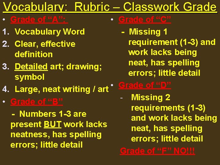 Vocabulary: Rubric – Classwork Grade • Grade of “A”: • 1. Vocabulary Word 2.