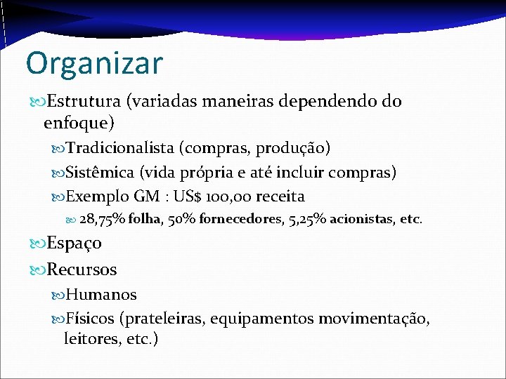 Organizar Estrutura (variadas maneiras dependendo do enfoque) Tradicionalista (compras, produção) Sistêmica (vida própria e