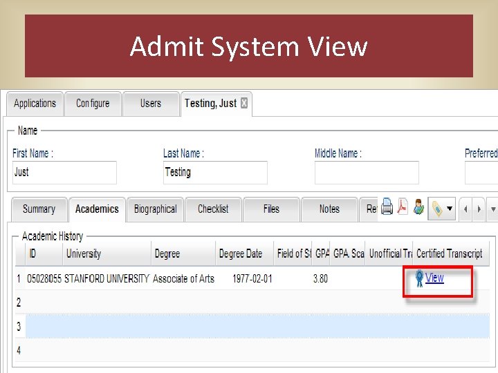 Admit System View Admit System View