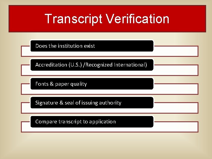 Transcript Verification Does the institution exist Accreditation (U. S. ) /Recognized International) Fonts & Transcript Verification Does the institution exist Accreditation (U. S. ) /Recognized International) Fonts &