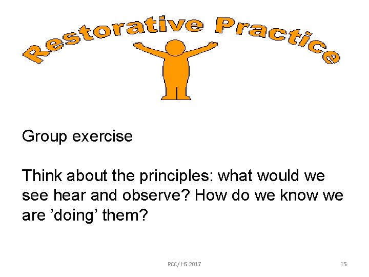 Group exercise Think about the principles: what would we see hear and observe? How