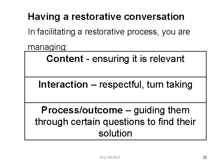 Having a restorative conversation In facilitating a restorative process, you are managing: Content -
