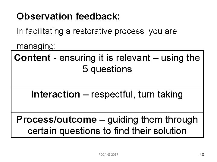 Observation feedback: In facilitating a restorative process, you are managing: Content - ensuring it