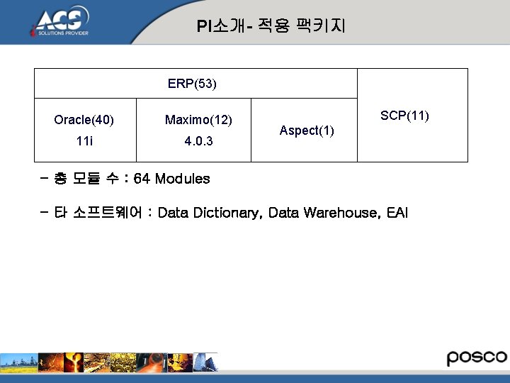 PI소개- 적용 팩키지 ERP(53) Oracle(40) Maximo(12) 11 i 4. 0. 3 SCP(11) Aspect(1) -