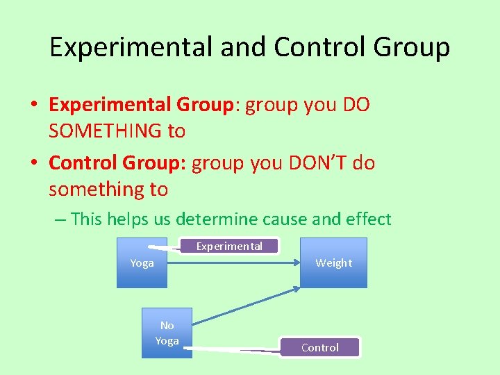 Experimental and Control Group • Experimental Group: group you DO SOMETHING to • Control