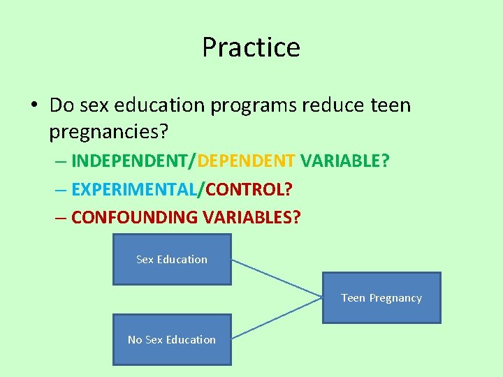 Practice • Do sex education programs reduce teen pregnancies? – INDEPENDENT/DEPENDENT VARIABLE? – EXPERIMENTAL/CONTROL?