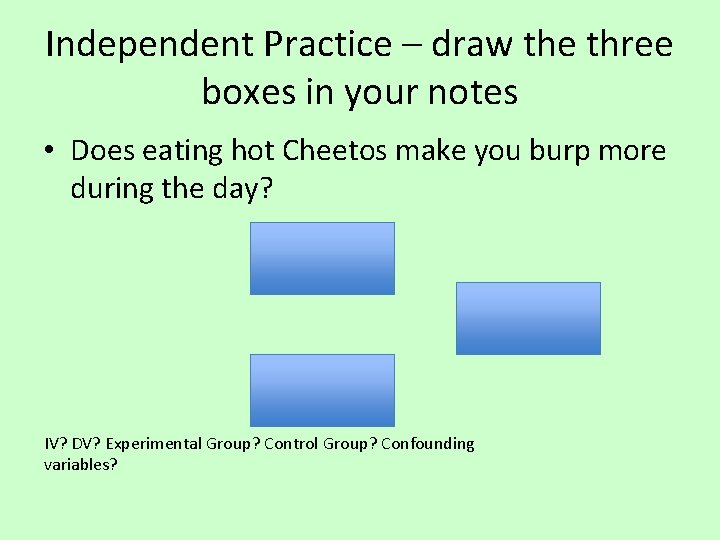 Independent Practice – draw the three boxes in your notes • Does eating hot