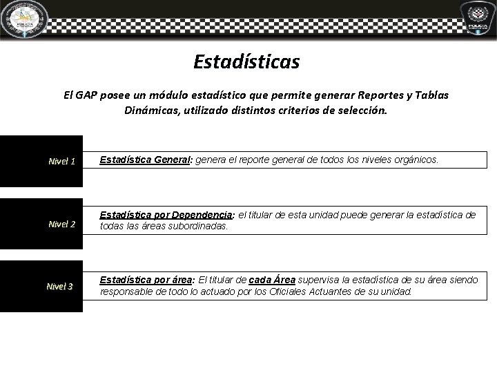 Estadísticas El GAP posee un módulo estadístico que permite generar Reportes y Tablas Dinámicas, Estadísticas El GAP posee un módulo estadístico que permite generar Reportes y Tablas Dinámicas,