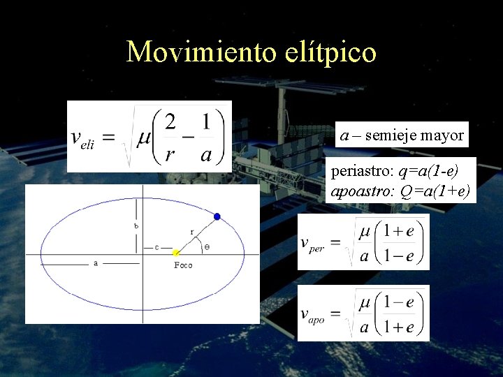 Movimiento elítpico a – semieje mayor periastro: q=a(1 -e) apoastro: Q=a(1+e) 