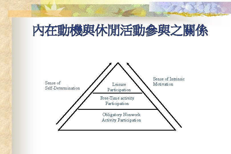 內在動機與休閒活動參與之關係 Sense of Self-Determination Leisure Participation Free-Time activity Participation Obligatory Nonwork Activity Participation Sense