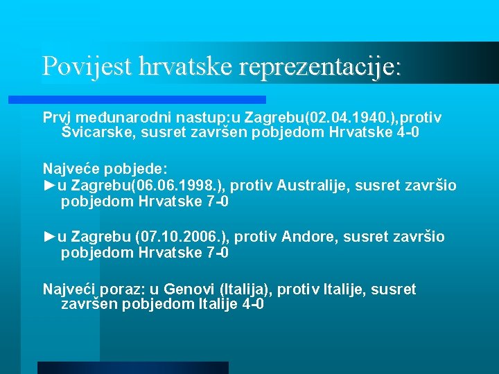 Povijest hrvatske reprezentacije: Prvi međunarodni nastup: u Zagrebu(02. 04. 1940. ), protiv Švicarske, susret