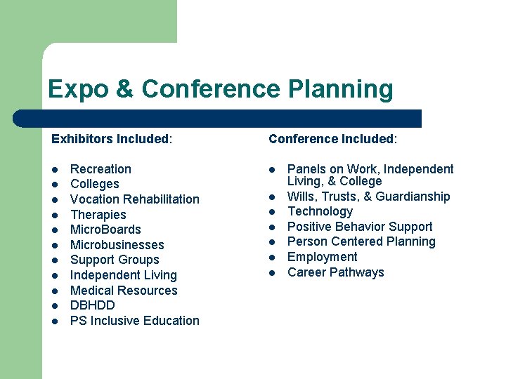 Expo & Conference Planning Exhibitors Included: l l l Recreation Colleges Vocation Rehabilitation Therapies