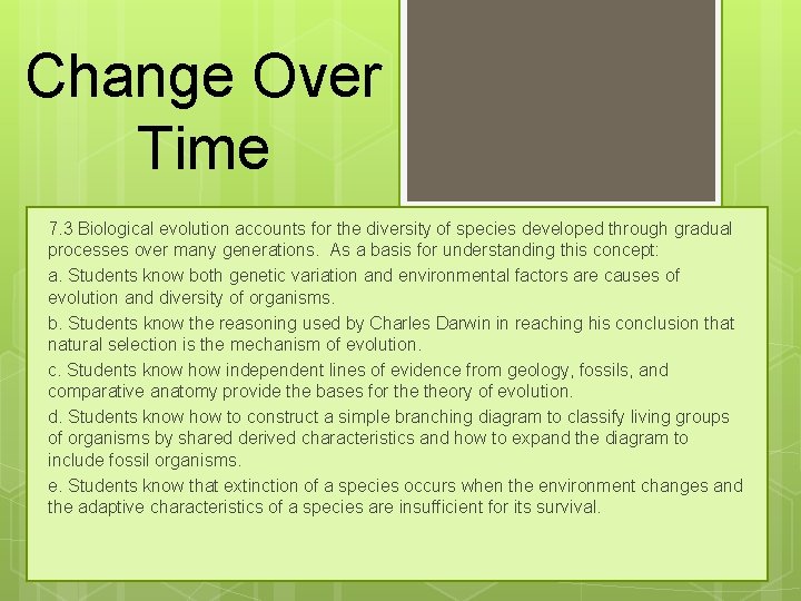 Change Over Time 7. 3 Biological evolution accounts for the diversity of species developed