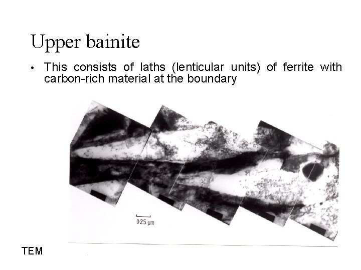Upper bainite • TEM This consists of laths (lenticular units) of ferrite with carbon-rich