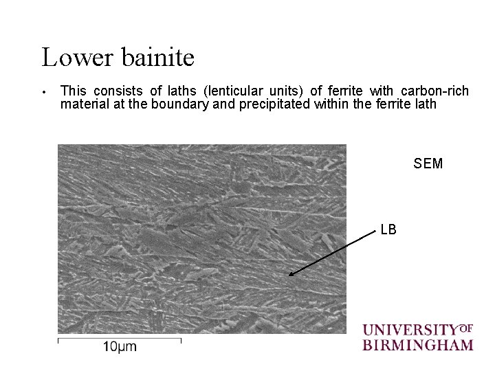 Lower bainite • This consists of laths (lenticular units) of ferrite with carbon-rich material