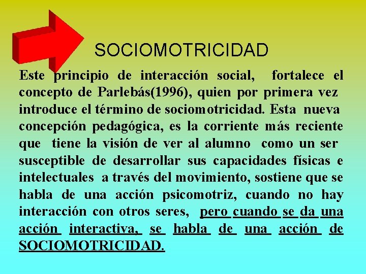 SOCIOMOTRICIDAD Este principio de interacción social, fortalece el concepto de Parlebás(1996), quien por primera
