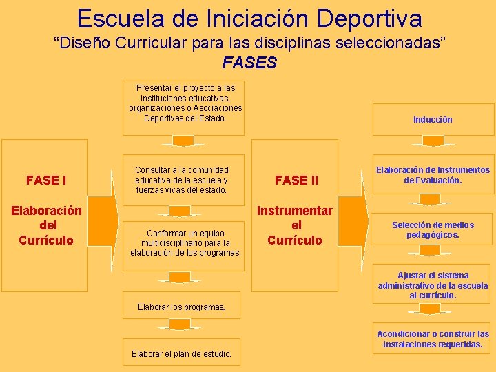 Escuela de Iniciación Deportiva “Diseño Curricular para las disciplinas seleccionadas” FASES Presentar el proyecto