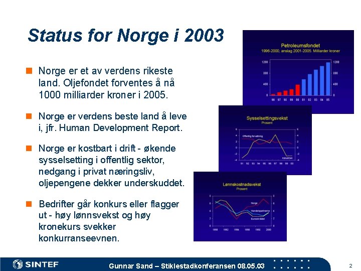 Status for Norge i 2003 n Norge er et av verdens rikeste land. Oljefondet