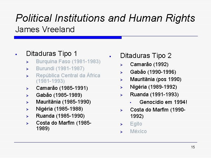 Political Institutions and Human Rights James Vreeland § Ditaduras Tipo 1 Ø Ø Ø