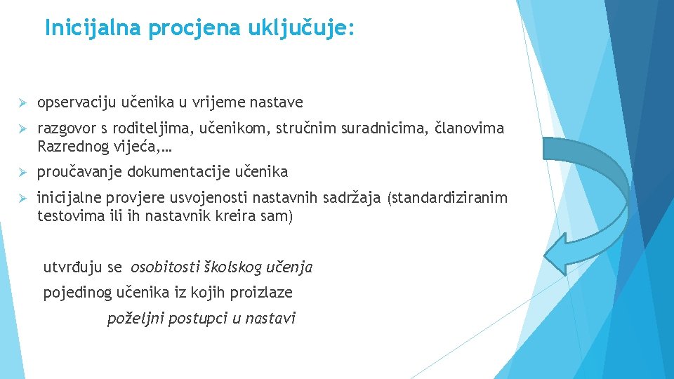 Inicijalna procjena uključuje: Ø opservaciju učenika u vrijeme nastave Ø razgovor s roditeljima, učenikom,
