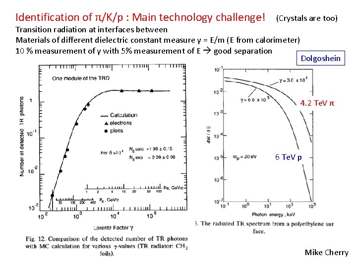 Identification of π/K/p : Main technology challenge! (Crystals are too) Transition radiation at interfaces