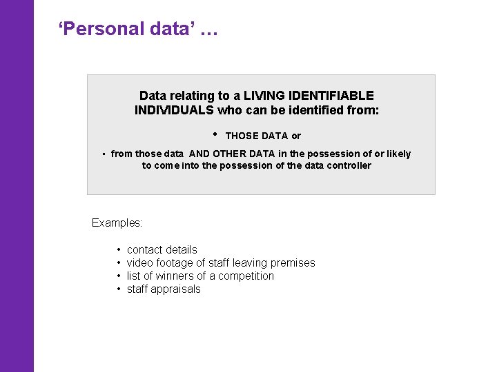 ‘Personal data’ … Data relating to a LIVING IDENTIFIABLE INDIVIDUALS who can be identified