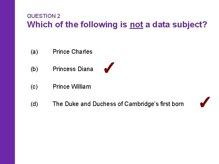 QUESTION 2 Which of the following is not a data subject? (a) Prince Charles