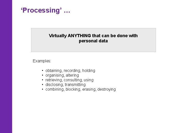 ‘Processing’ … Virtually ANYTHING that can be done with personal data Examples: • •