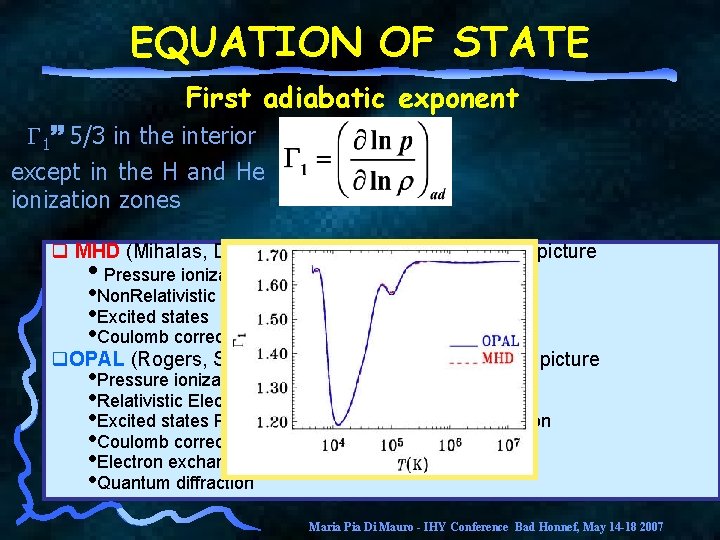 EQUATION OF STATE First adiabatic exponent 1 5/3 in the interior except in the