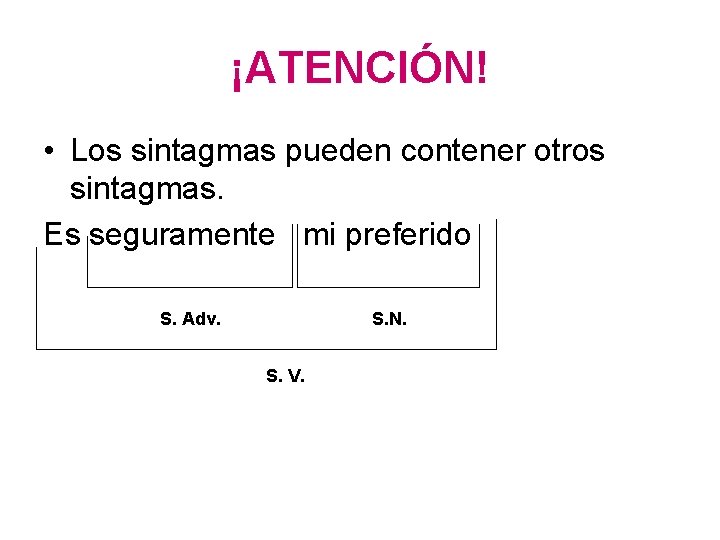 ¡ATENCIÓN! • Los sintagmas pueden contener otros sintagmas. Es seguramente mi preferido S. Adv.