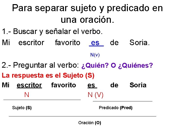 Para separar sujeto y predicado en una oración. 1. - Buscar y señalar el