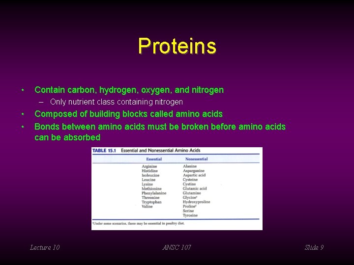 Proteins • Contain carbon, hydrogen, oxygen, and nitrogen – Only nutrient class containing nitrogen