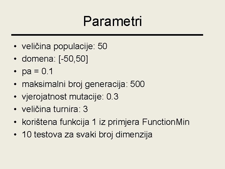Parametri • • veličina populacije: 50 domena: [-50, 50] pa = 0. 1 maksimalni