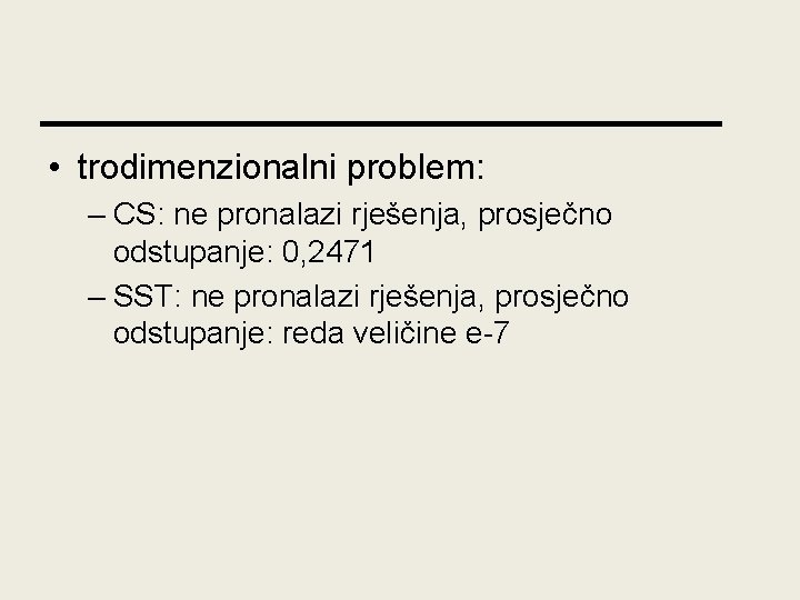  • trodimenzionalni problem: – CS: ne pronalazi rješenja, prosječno odstupanje: 0, 2471 –