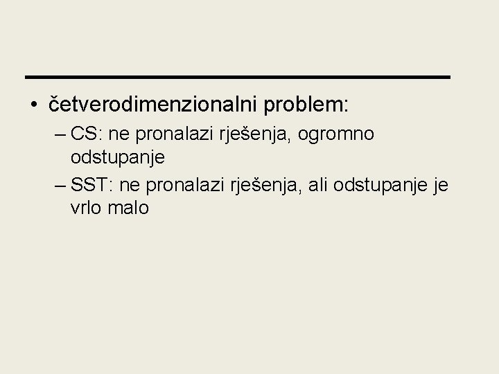  • četverodimenzionalni problem: – CS: ne pronalazi rješenja, ogromno odstupanje – SST: ne