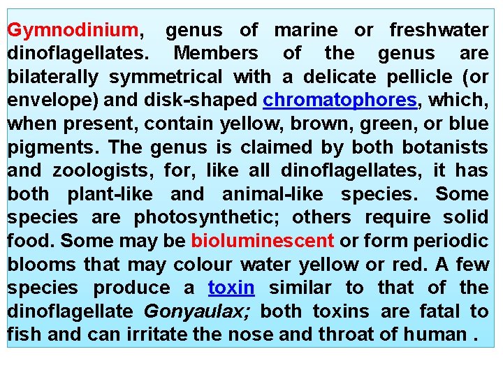 Gymnodinium, genus of marine or freshwater dinoflagellates. Members of the genus are bilaterally symmetrical