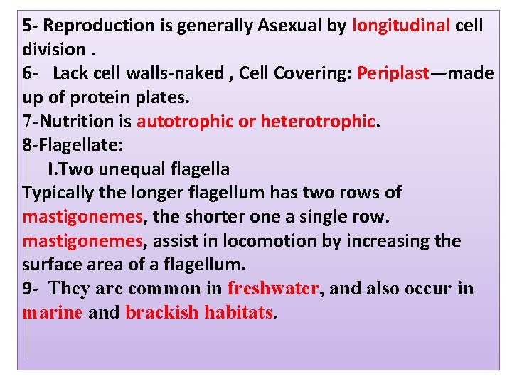 5 - Reproduction is generally Asexual by longitudinal cell division. 6 - Lack cell