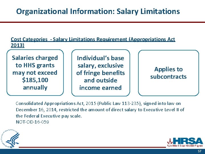 Organizational Information: Salary Limitations Cost Categories - Salary Limitations Requirement (Appropriations Act 2013) Salaries